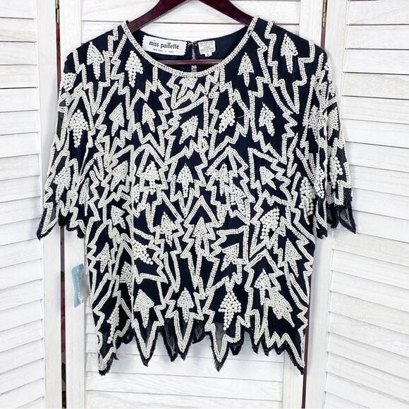 Miss Paillette Pearl Embellished Silk Pullover Blouse Black White Large - Picture 7 of 11